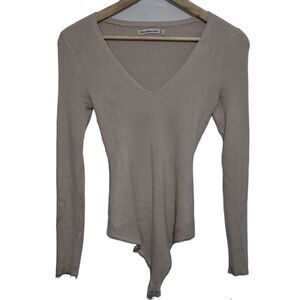 Womens Abercrombie & Fitch Khaki Taupe Ribbed V-Neck Long Sleeve Bodysuit Size M